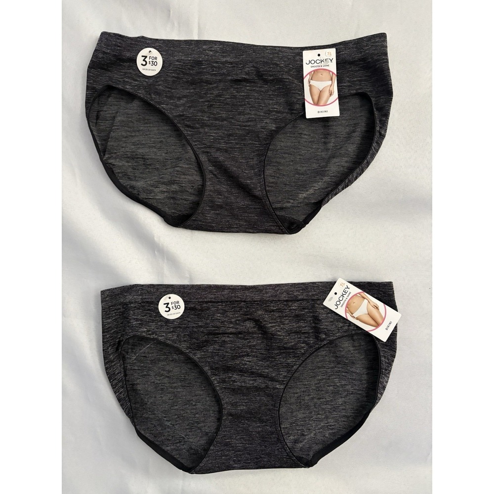 NEW Jockey Smooth and Shine Heathered Black Bikini 2 Pair Women's Size 7 Large